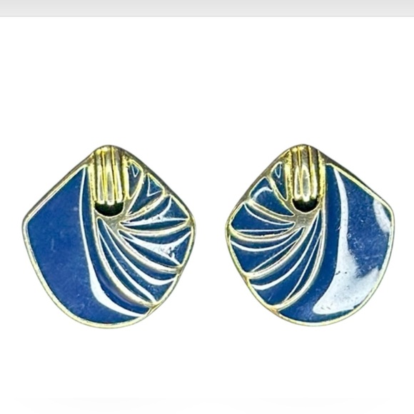 Trifari  Earrings Gold Tone Blue Enamel Mid Century Modernist Boho - Picture 3 of 6